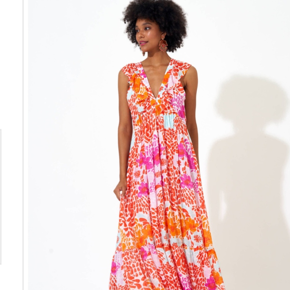 Vibrant Oliphant V neck ruffle maxi dress, floral print, size S EUC!